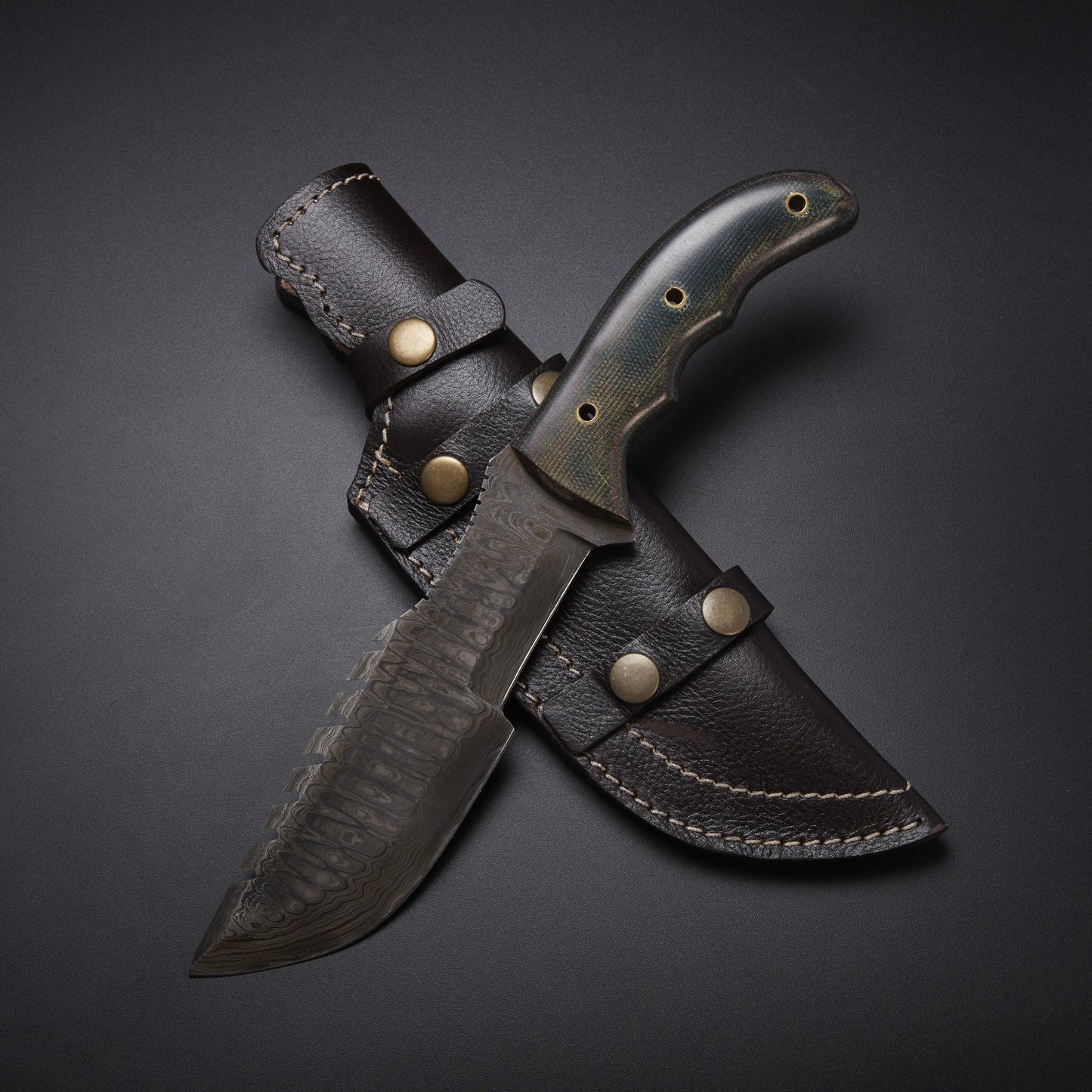 CUSTOM HANDMADE DAMASCUS TRACKER KNIFE WITH LEATHER SHEATH