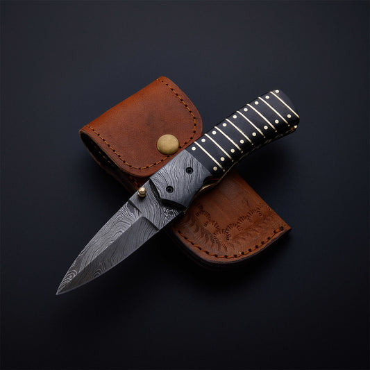 CUSTOM HANDMADE DAMASCUS POCKET KNIFE WITH LEATHER SHEATH