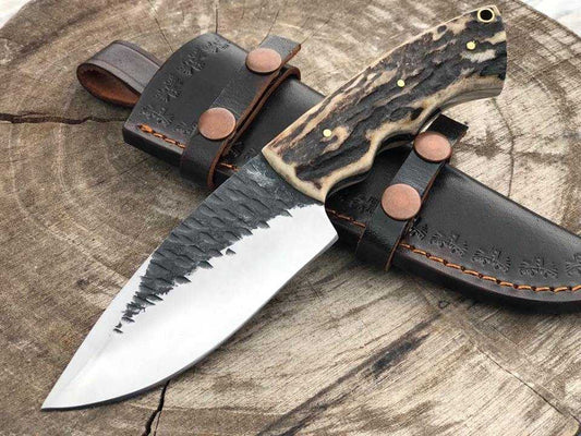 Custom Handmade 1095 Steel Skinner Knife with Stag Horn Handle & Leather Sheath