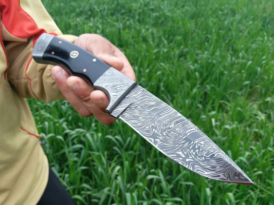 Custom Handmade Damascus Skinner Knife with Micarta Handle & Leather Sheath