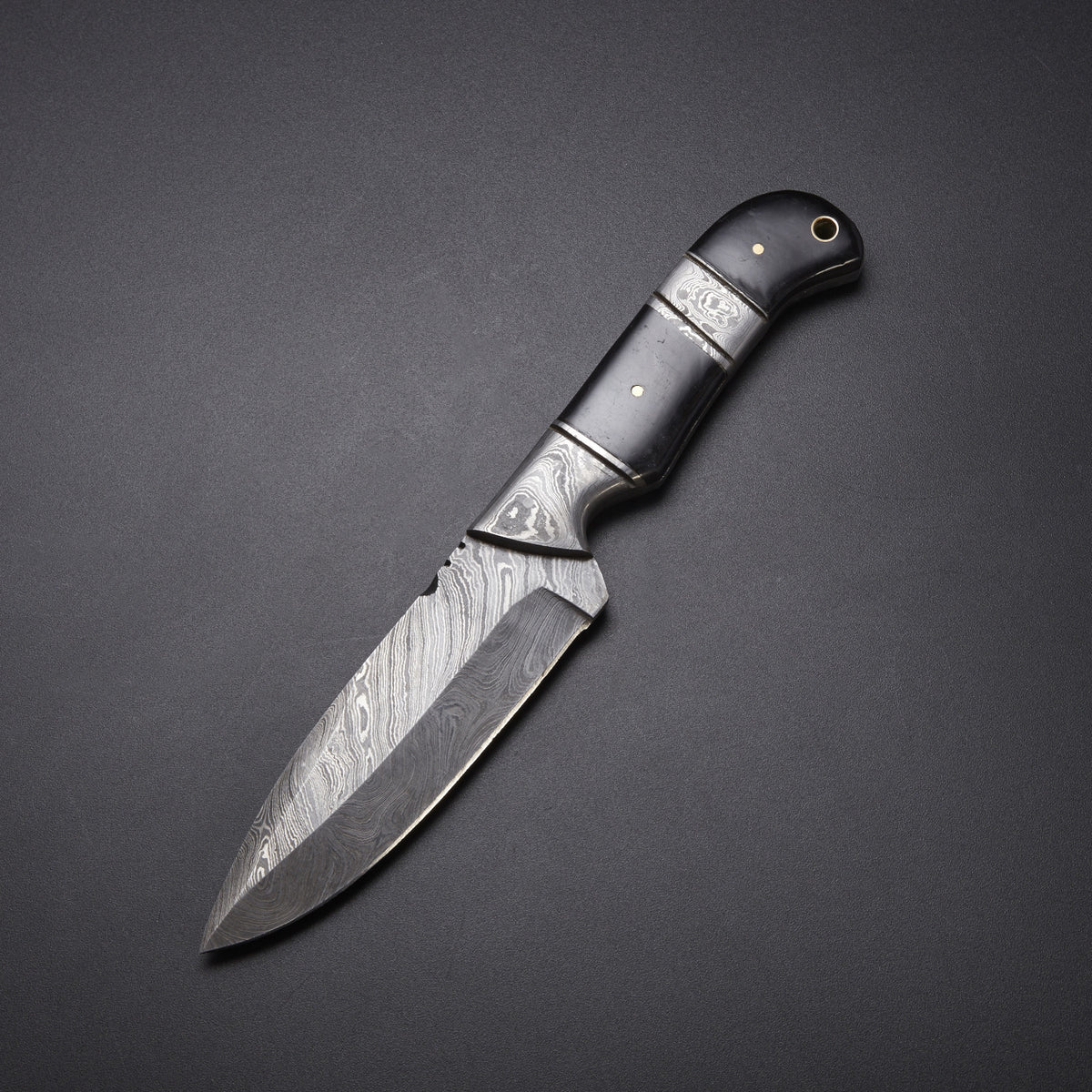 Full Tang Damascus Skinner Knife with Buffalo Horn Handle & Leather Sheath