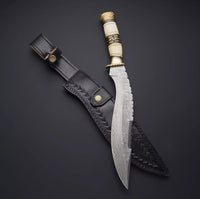 Custom Made Damascus Steel Kukri/Hunting Knife + Pouch
