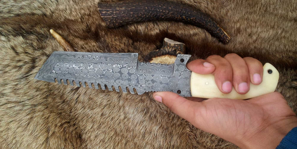 Custom Handmade Damascus Steel Tracker Knife – Bone Handle with Leather Sheath