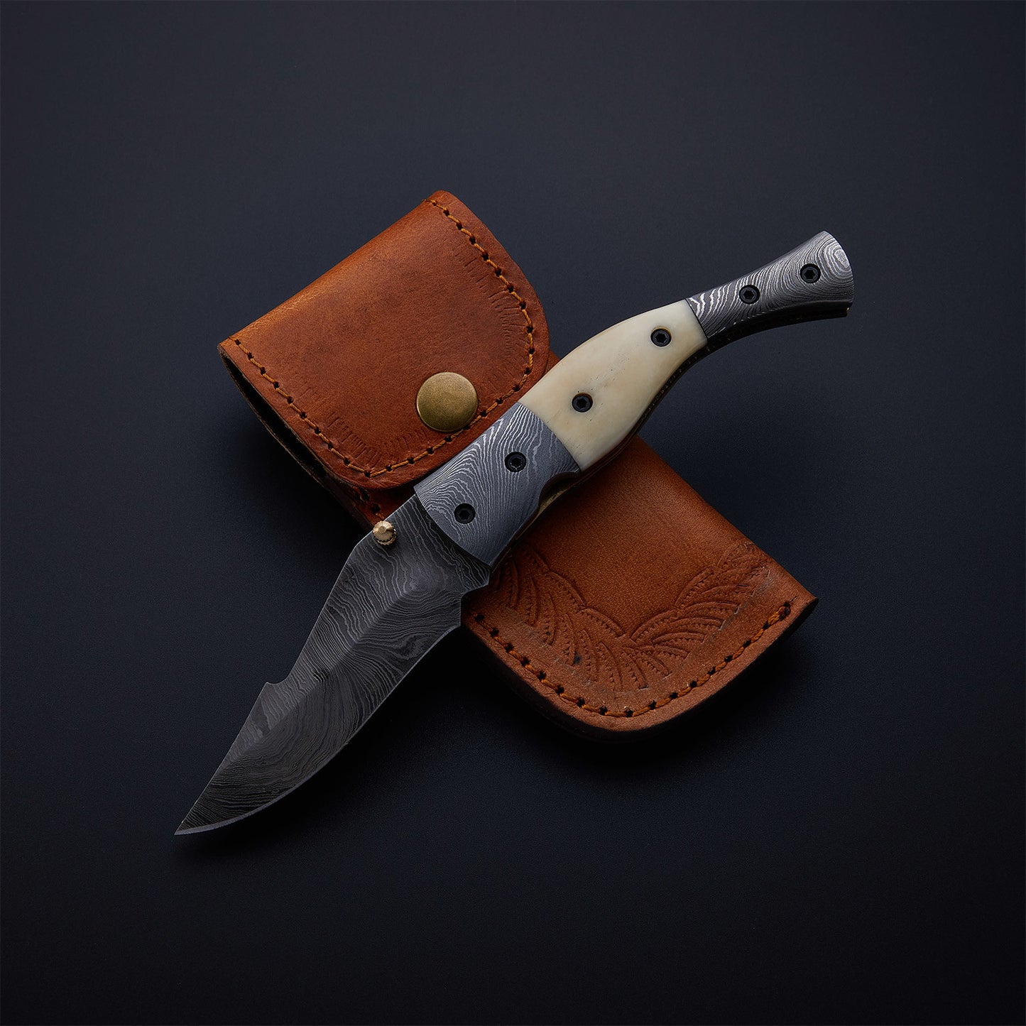 CUSTOM HANDMADE DAMASCUS POCKET KNIFE WITH LEATHER SHEATH