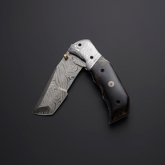 CUSTOM HANDMADE DAMASCUS FOLDING KNIFE WITH LEATHER SHEATH