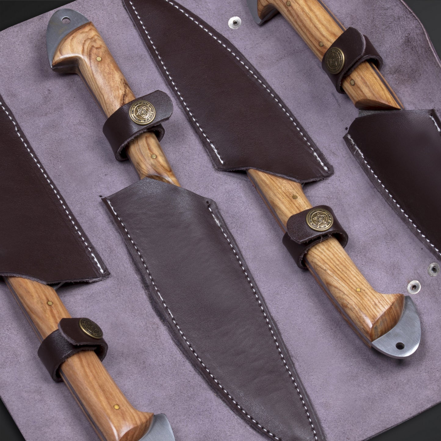 CUSTOM HANDMADE DAMASCUS 4 PCS KITCHEN CHEF SET WITH LEATHER ROL KIT