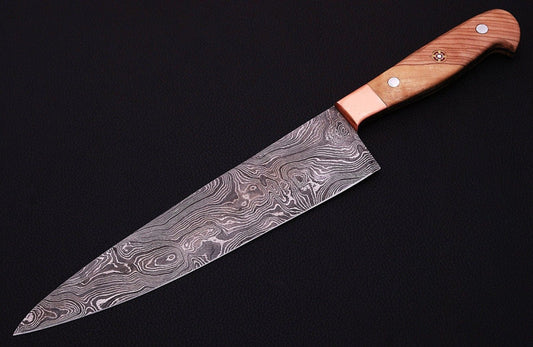 |NB KNIVES| CUSTOM HANDMADE DAMASCUS STEEL CHEF KNIFE WITH LEATHER SHEATH