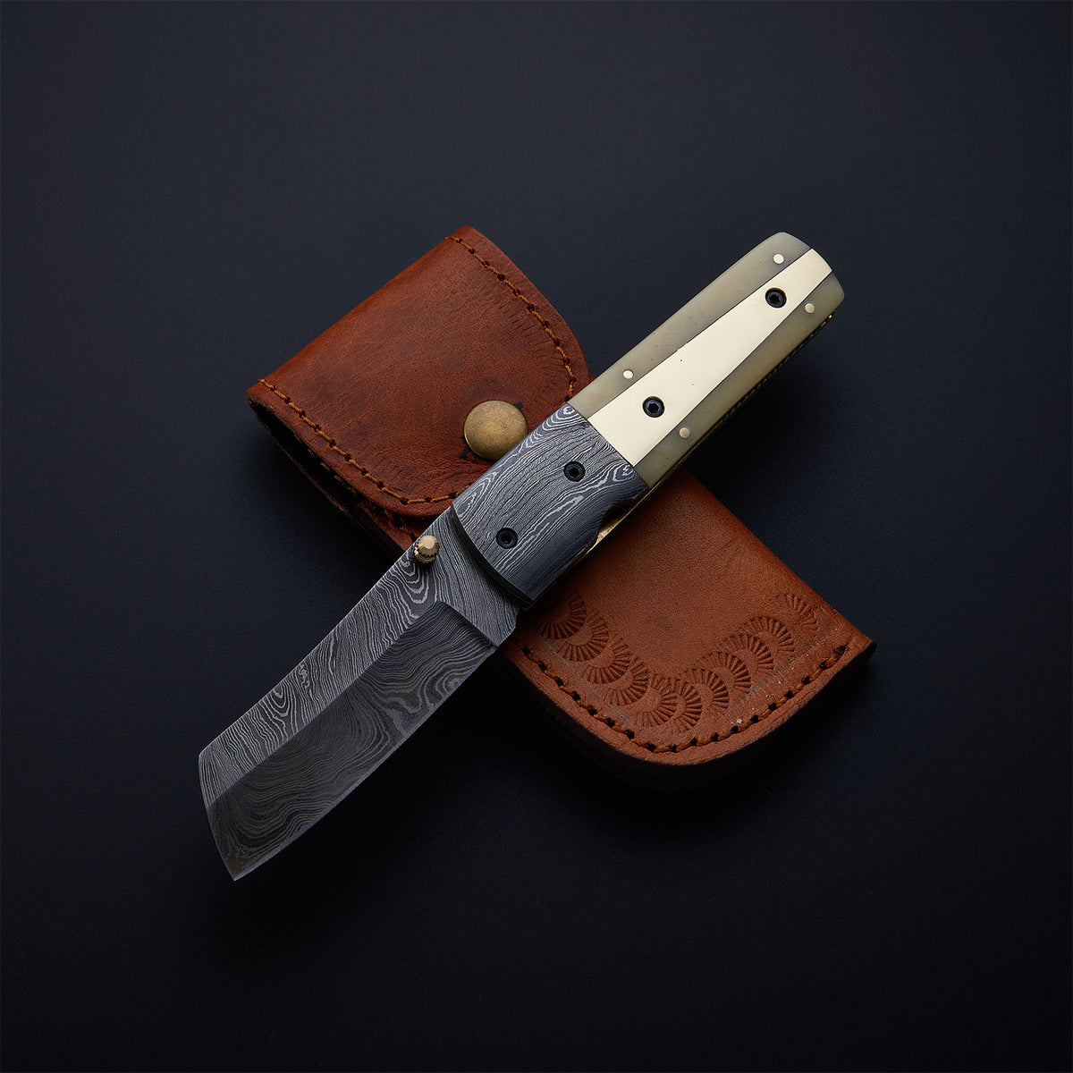 CUSTOM HANDMADE DAMASCUS POCKET KNIFE WITH LEATHER SHEATH