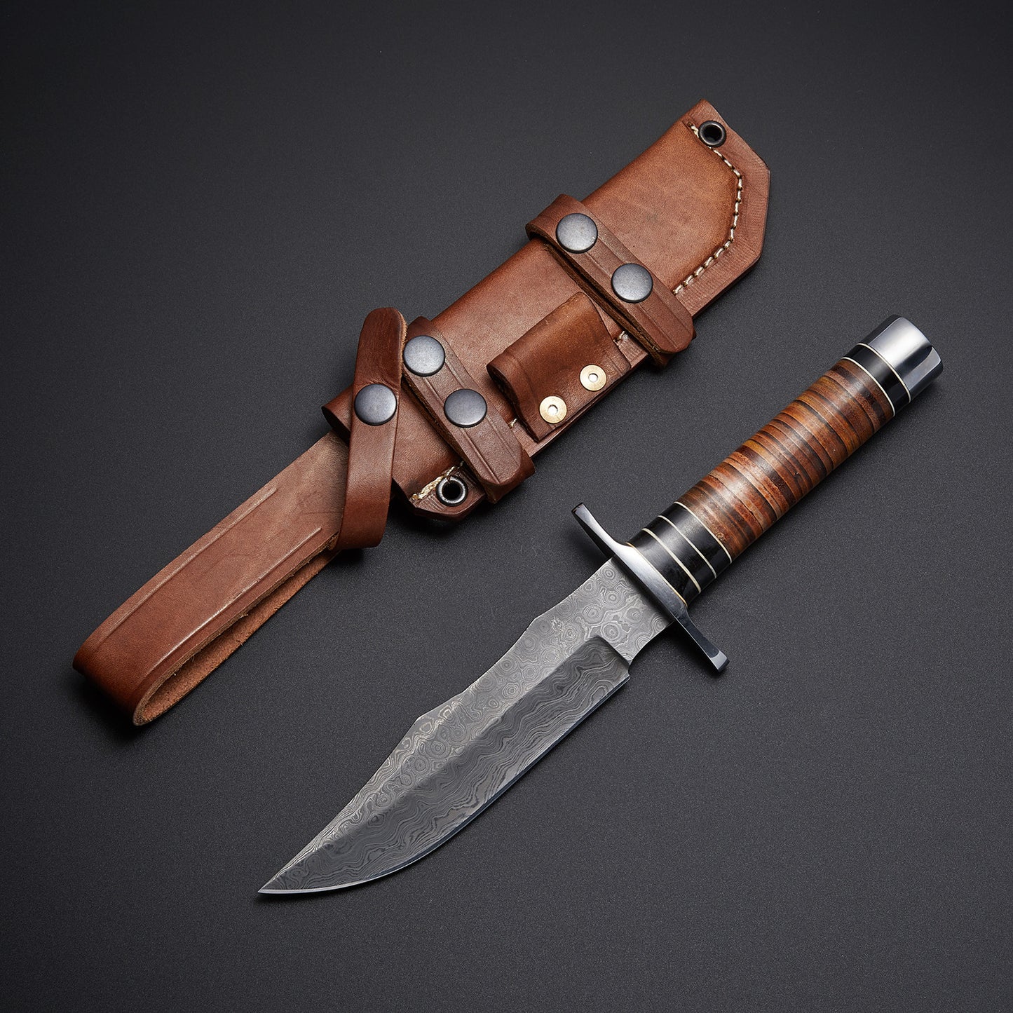 CUSTOM HANDMADE DAMASCUS HUNTING KNIFE WITH LEATHER SHEATH
