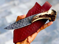 |NB KNIVES| CUSTOM HANDMADE 1095 STEEL STAG HORN KNIFE WITH LEATHER SHEATH