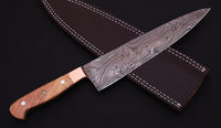 |NB KNIVES| CUSTOM HANDMADE DAMASCUS STEEL CHEF KNIFE WITH LEATHER SHEATH