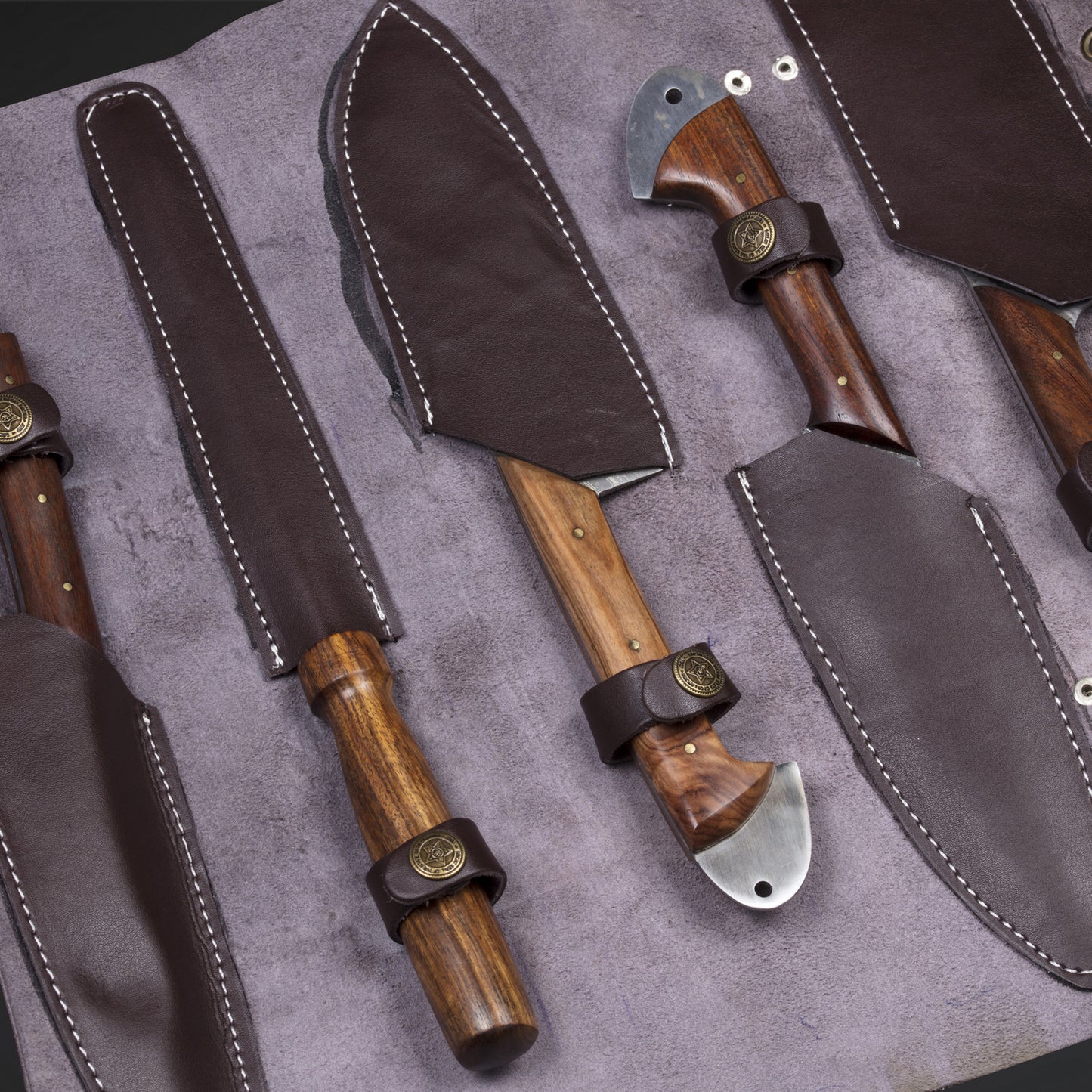 CUSTOM HAND MADE DAMASCUS 5 PCS CHEF SET WITH LEATHER ROLL KIT