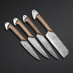 CUSTOM HANDMADE DAMASCUS 4 PCS KITCHEN CHEF SET WITH LEATHER ROL KIT