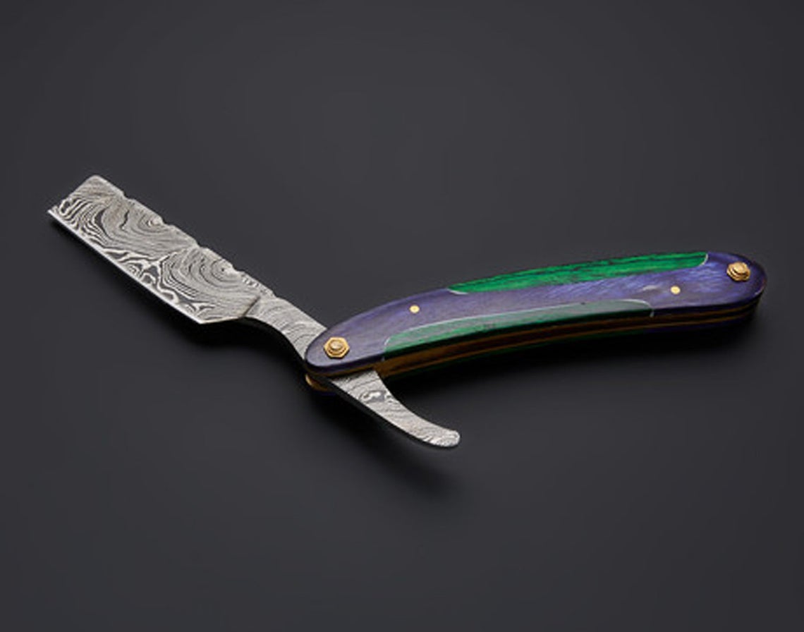 |NB KNIVES| CUSTOM HANDMADE DAMASCUS STRAIGHT RAZOR WITH LEATHER SHEATH
