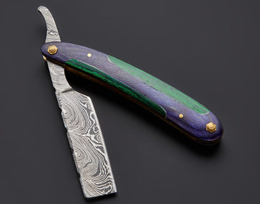 |NB KNIVES| CUSTOM HANDMADE DAMASCUS STRAIGHT RAZOR WITH LEATHER SHEATH