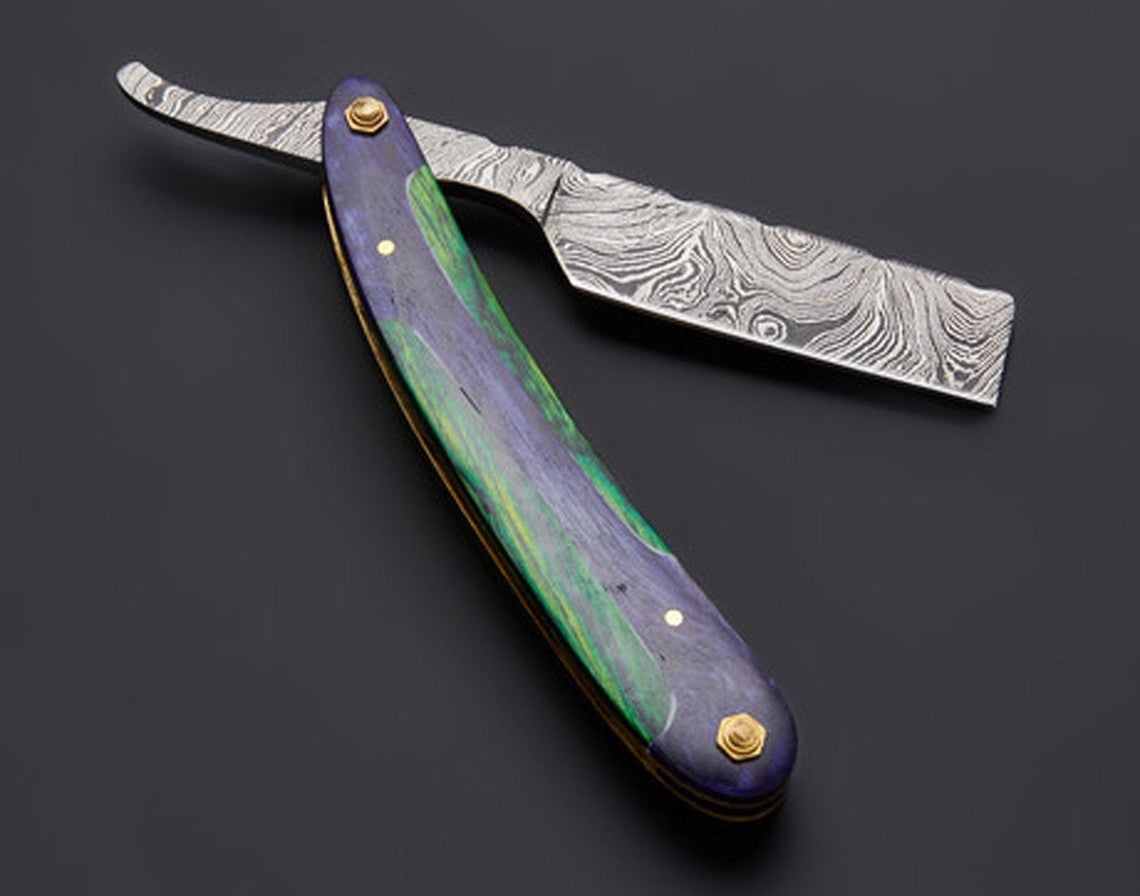|NB KNIVES| CUSTOM HANDMADE DAMASCUS STRAIGHT RAZOR WITH LEATHER SHEATH