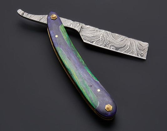 |NB KNIVES| CUSTOM HANDMADE DAMASCUS STRAIGHT RAZOR WITH LEATHER SHEATH