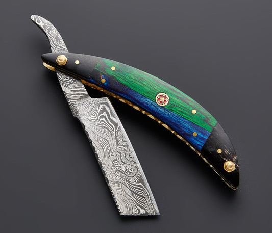 |NB KNIVES| CUSTOM HANDMADE DAMASCUS STRAIGHT RAZOR WITH LEATHER SHEATH