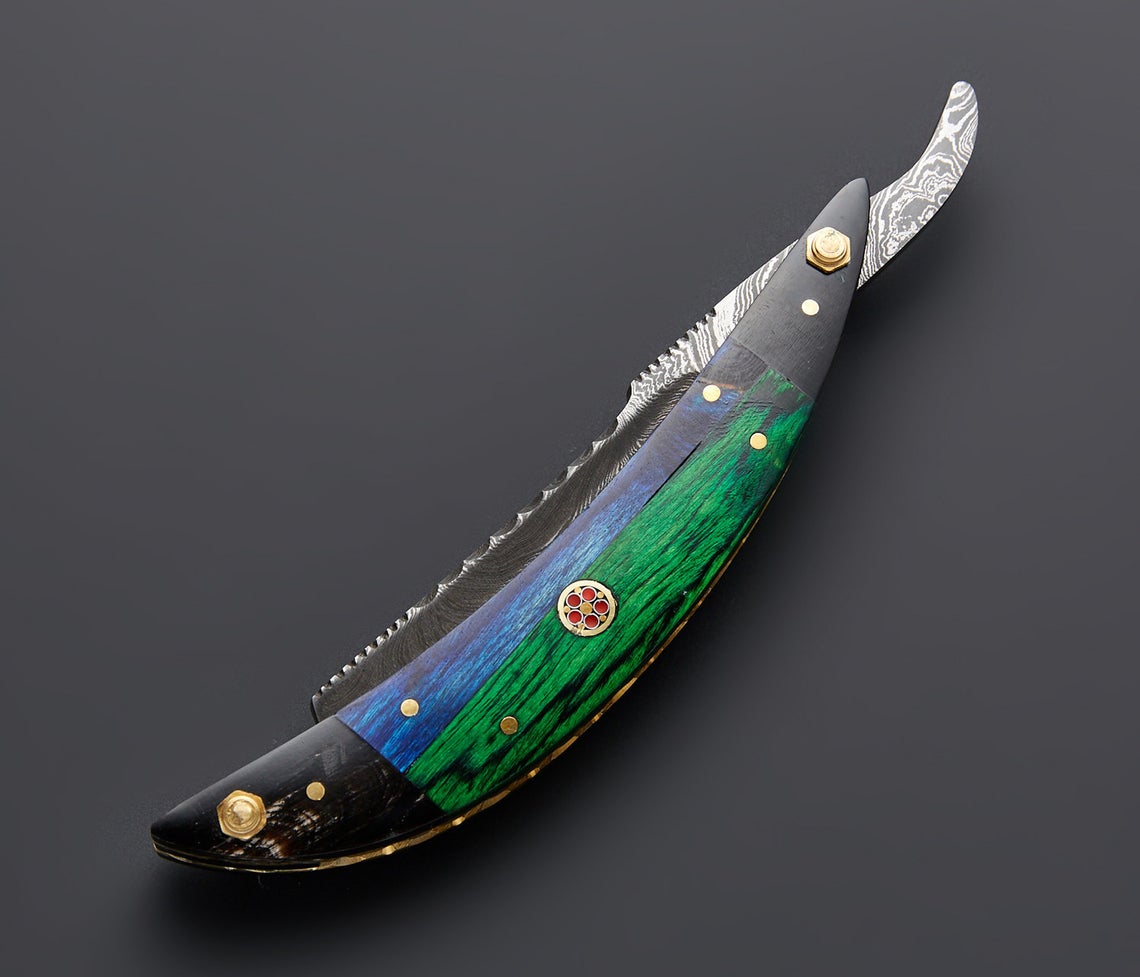 |NB KNIVES| CUSTOM HANDMADE DAMASCUS STRAIGHT RAZOR WITH LEATHER SHEATH