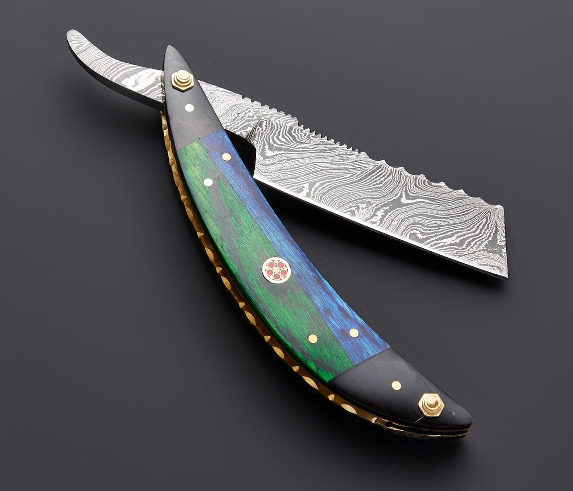 |NB KNIVES| CUSTOM HANDMADE DAMASCUS STRAIGHT RAZOR WITH LEATHER SHEATH