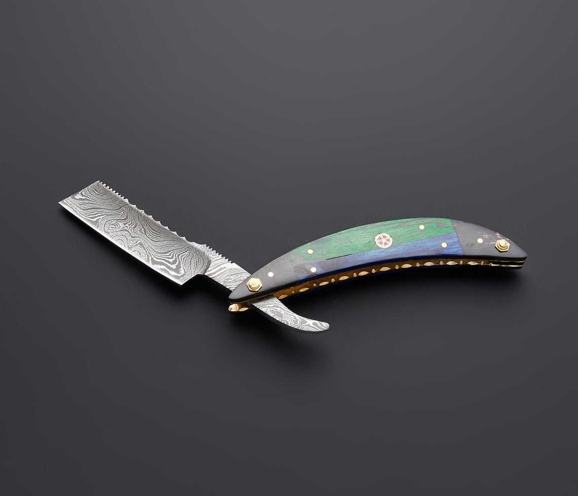 |NB KNIVES| CUSTOM HANDMADE DAMASCUS STRAIGHT RAZOR WITH LEATHER SHEATH