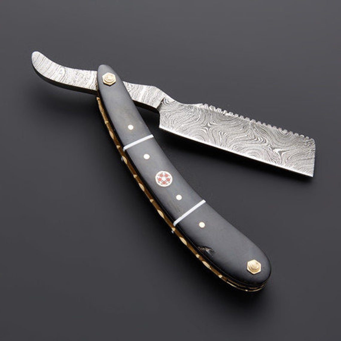 |NB KNIVES| CUSTOM HANDMADE DAMASCUS STRAIGHT RAZOR WITH LEATHER SHEATH