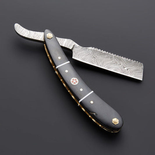 |NB KNIVES| CUSTOM HANDMADE DAMASCUS STRAIGHT RAZOR WITH LEATHER SHEATH