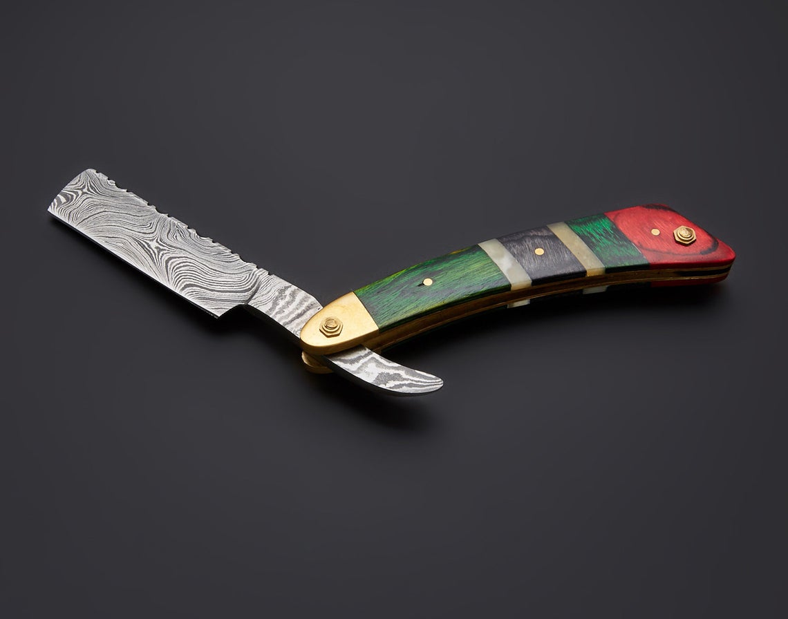 |NB KNIVES| CUSTOM HANDMADE DAMASCUS STRAIGHT RAZOR WITH LEATHER SHEATH
