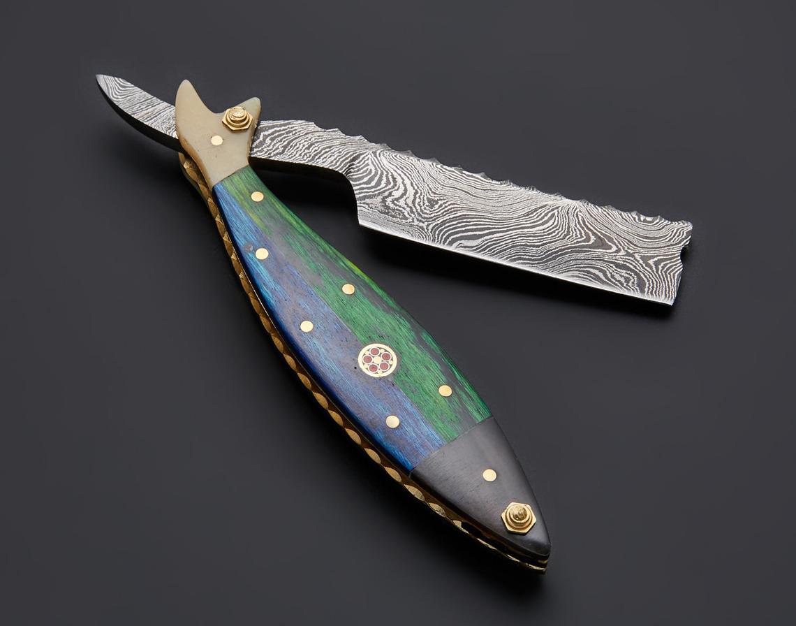 |NB KNIVES| CUSTOM HANDMADE DAMASCUS STRAIGHT RAZOR WITH LEATHER SHEATH