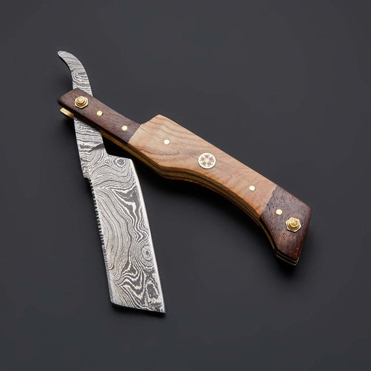 |NB KNIVES| CUSTOM HANDMADE DAMASCUS STRAIGHT RAZOR WITH LEATHER SHEATH