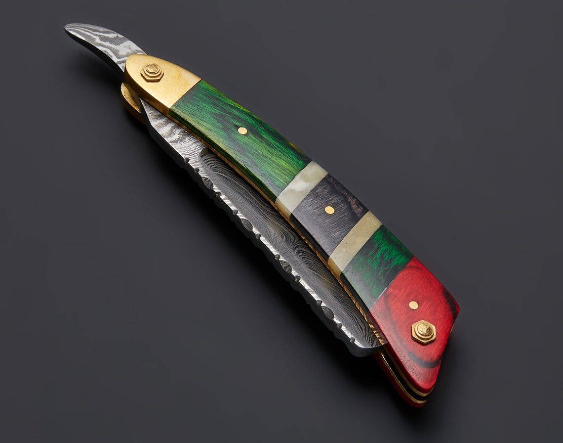 |NB KNIVES| CUSTOM HANDMADE DAMASCUS STRAIGHT RAZOR WITH LEATHER SHEATH