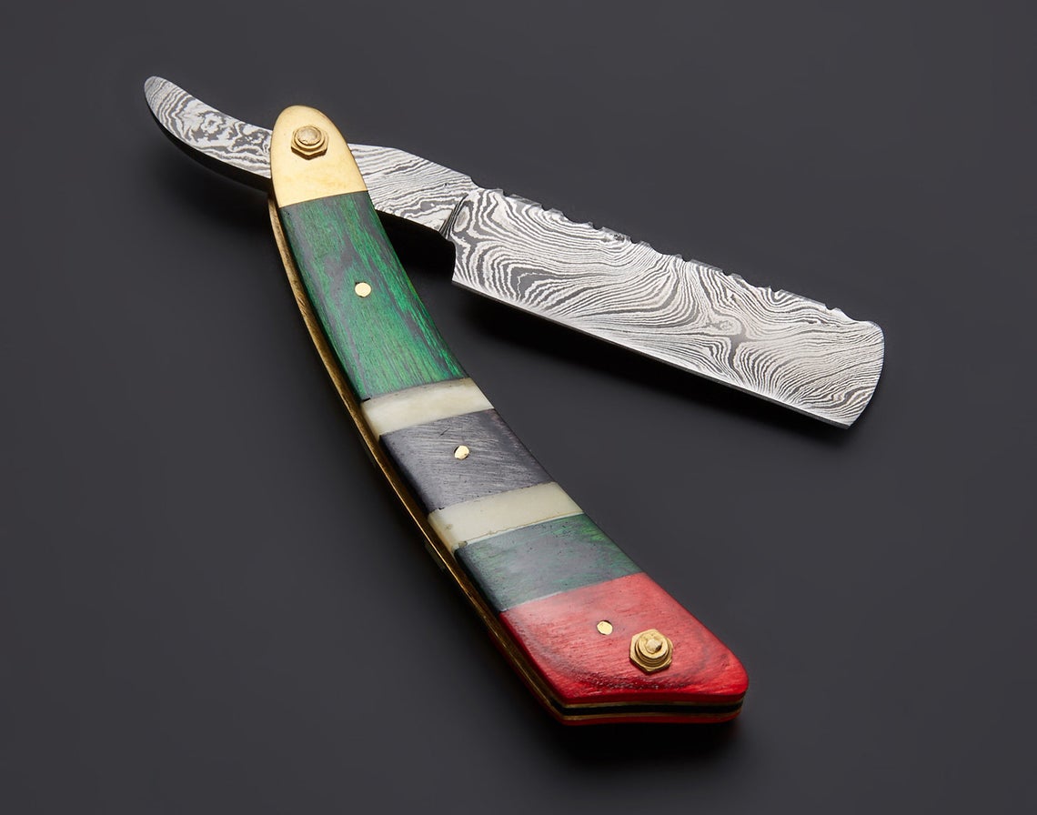 |NB KNIVES| CUSTOM HANDMADE DAMASCUS STRAIGHT RAZOR WITH LEATHER SHEATH