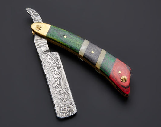 |NB KNIVES| CUSTOM HANDMADE DAMASCUS STRAIGHT RAZOR WITH LEATHER SHEATH