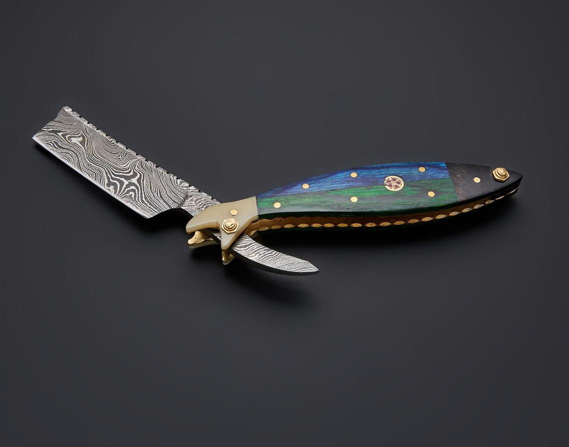 |NB KNIVES| CUSTOM HANDMADE DAMASCUS STRAIGHT RAZOR WITH LEATHER SHEATH