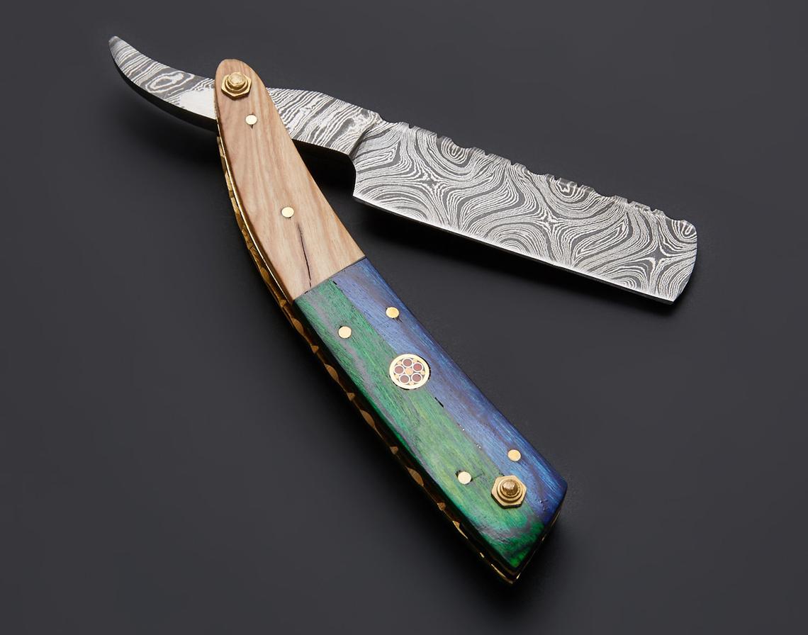 |NB KNIVES| CUSTOM HANDMADE DAMASCUS STRAIGHT RAZOR WITH LEATHER SHEATH