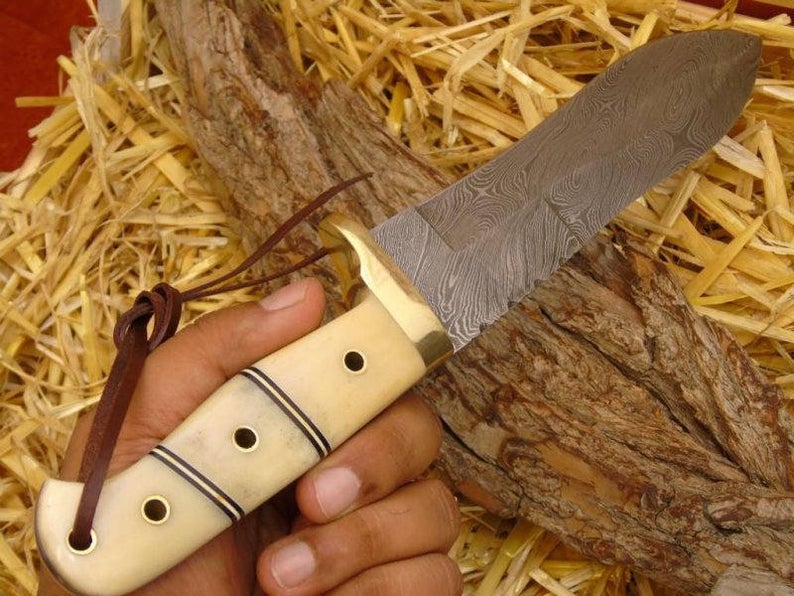 |NB KNIVES| CUSTOM HANDMADE DAMASCUS HUNTING KNIFE WITH LEATHER SHEATH