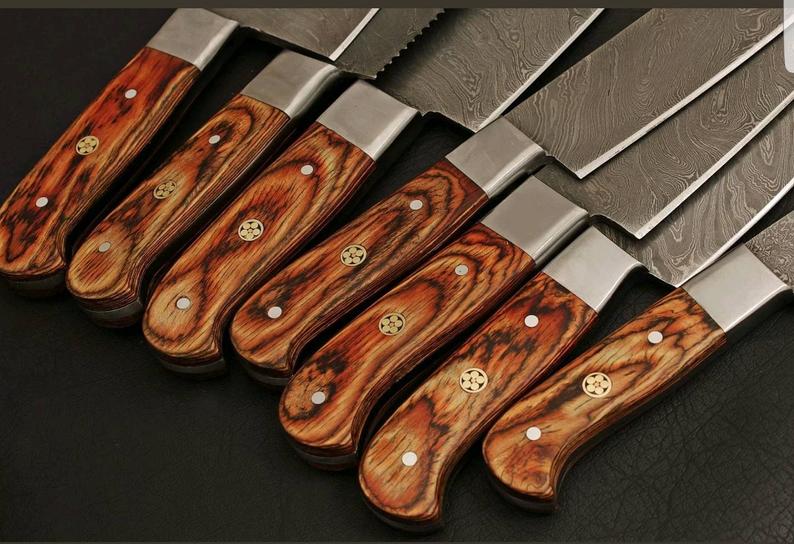 CUTOM HANDMADE DAMASCUS STEEL 7 PIECES CHEF KNIFE SET