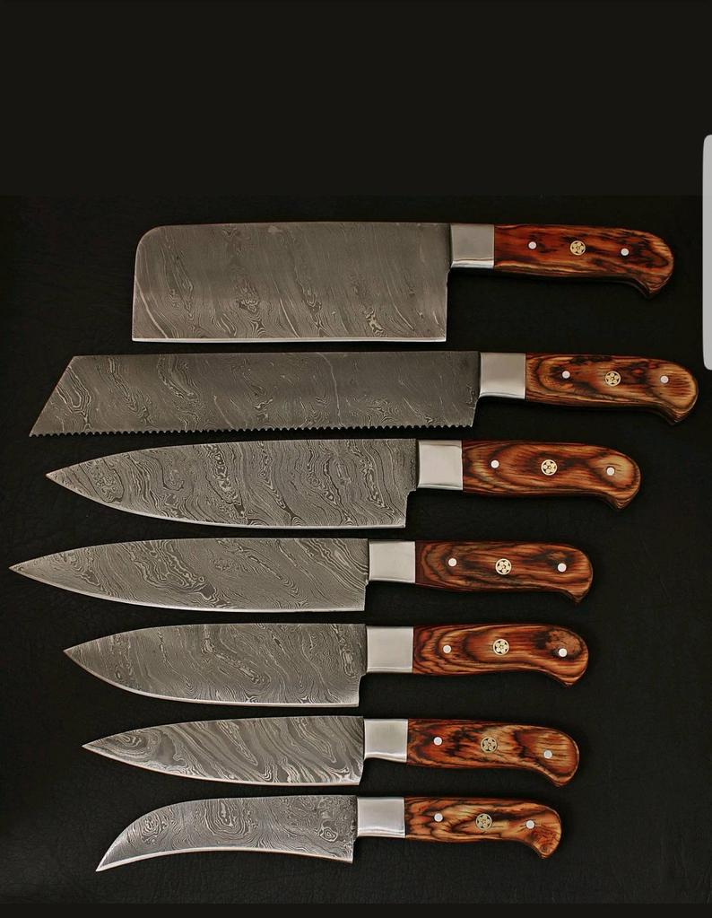 CUTOM HANDMADE DAMASCUS STEEL 7 PIECES CHEF KNIFE SET