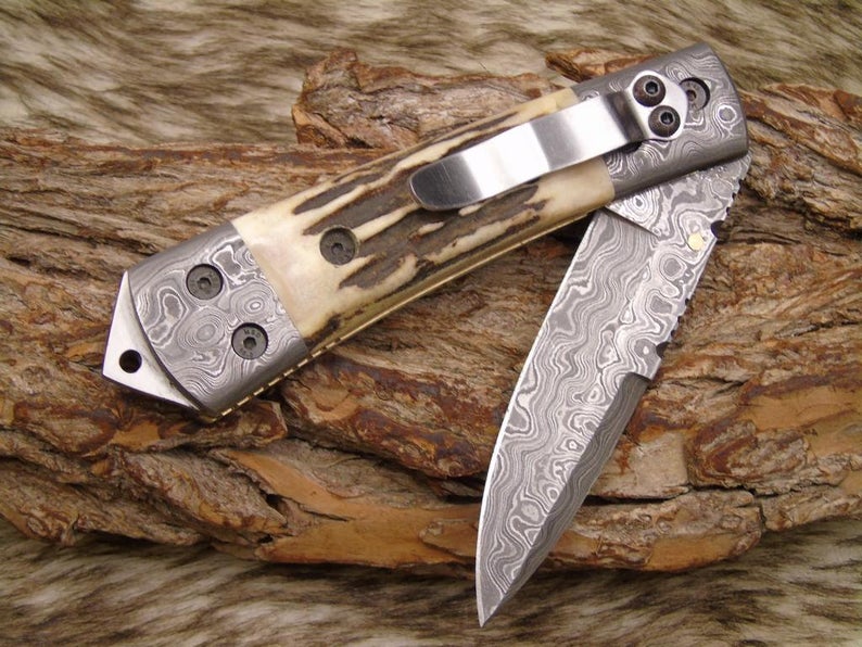 |NB KNIVES| CUSTOM HANDMADE DAMASCUS STAG HORN FOLDING KNIFE WITH POCKET CLIP