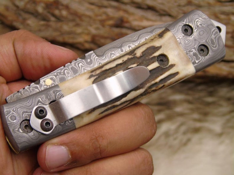 |NB KNIVES| CUSTOM HANDMADE DAMASCUS STAG HORN FOLDING KNIFE WITH POCKET CLIP