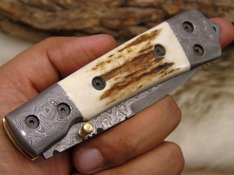 |NB KNIVES| CUSTOM HANDMADE DAMASCUS STAG HORN FOLDING KNIFE WITH POCKET CLIP