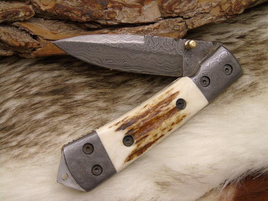 |NB KNIVES| CUSTOM HANDMADE DAMASCUS STAG HORN FOLDING KNIFE WITH POCKET CLIP