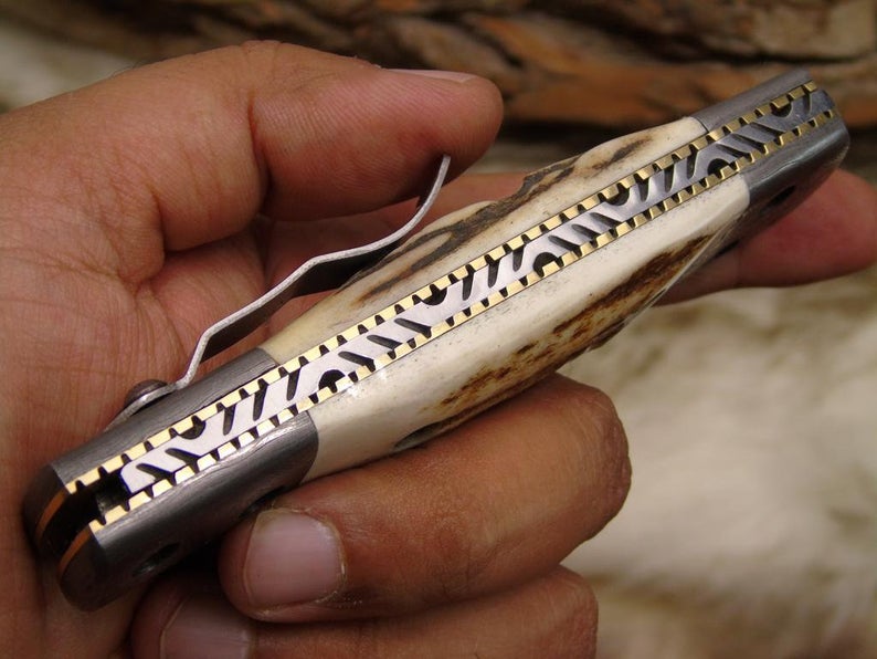 |NB KNIVES| CUSTOM HANDMADE DAMASCUS STAG HORN FOLDING KNIFE WITH POCKET CLIP