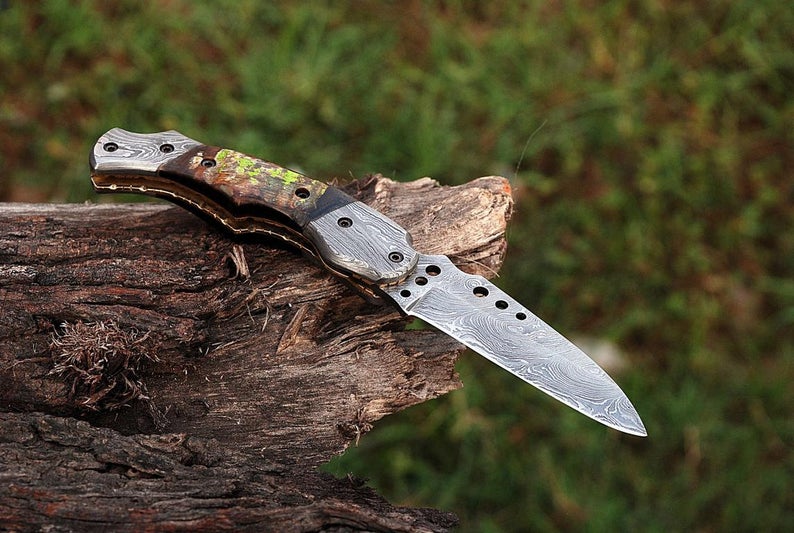 CUSTOM HANDMADE DAMASCUS POCKET KNIFE WITH LEATHER SHEATH