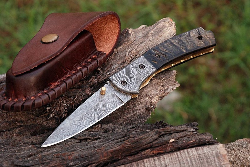 CUSTOM HANDMADE DAMASCUS POCKET KNIFE WITH LEATHER SHEATH
