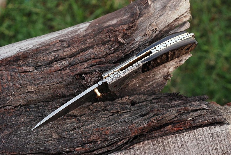 CUSTOM HANDMADE DAMASCUS POCKET KNIFE WITH LEATHER SHEATH