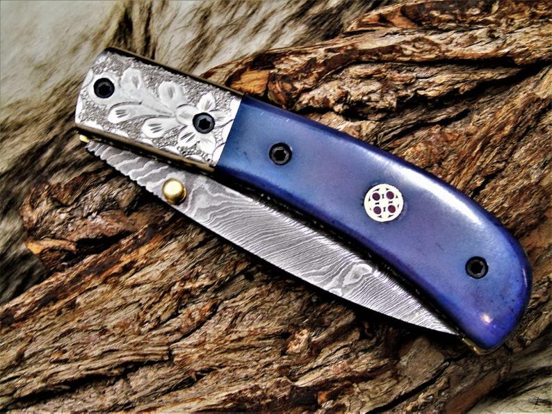 Dyed Bone Handle Damascus Folding Knife with Brass Bolster & Leather Sheath