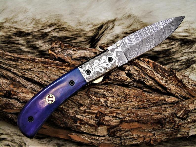 Dyed Bone Handle Damascus Folding Knife with Brass Bolster & Leather Sheath