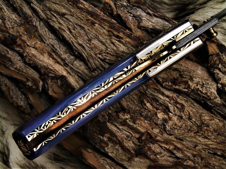 Dyed Bone Handle Damascus Folding Knife with Brass Bolster & Leather Sheath
