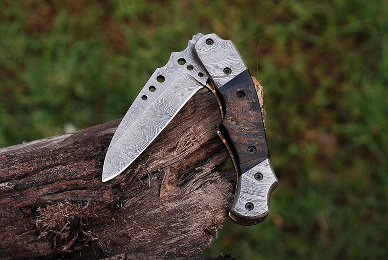 CUSTOM HANDMADE DAMASCUS POCKET KNIFE WITH LEATHER SHEATH